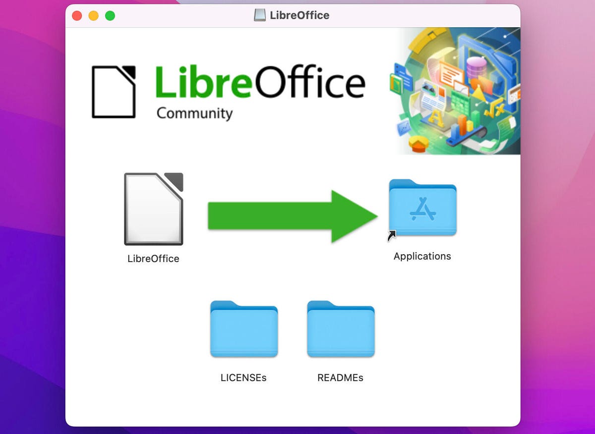 O instalador do LibreOffice macOS.