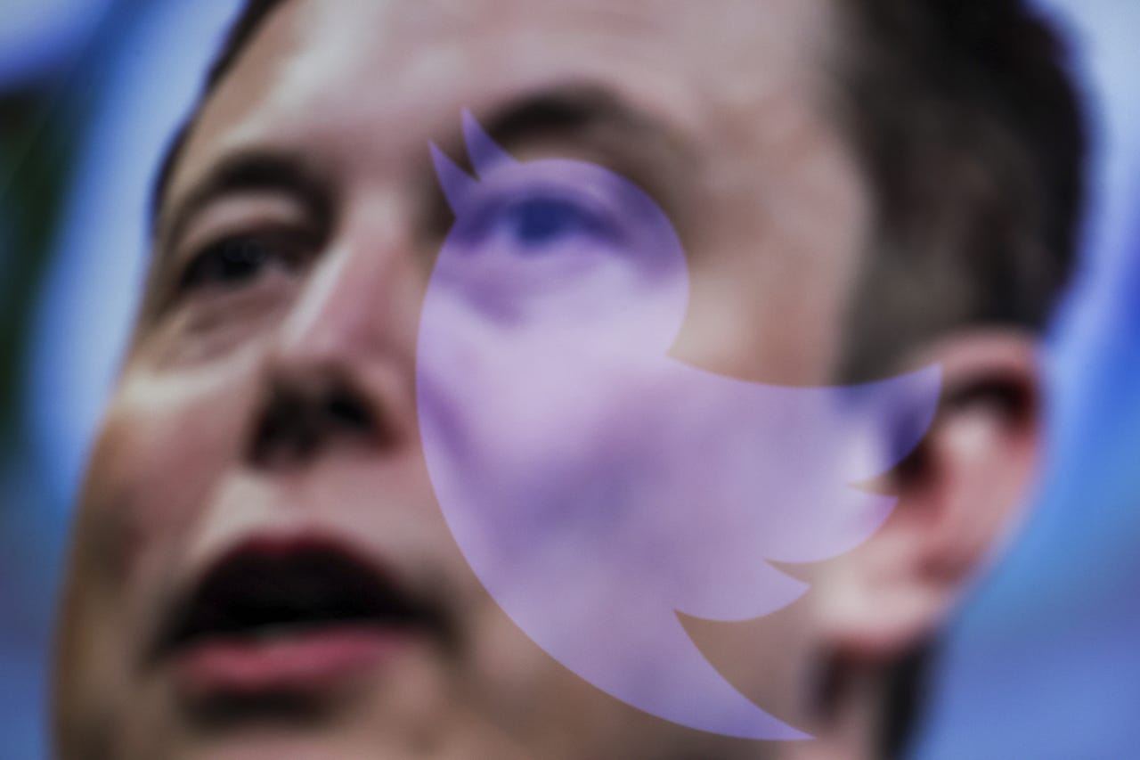 Elon Musk and the Twitter logo are blurred in the middle of the photo
