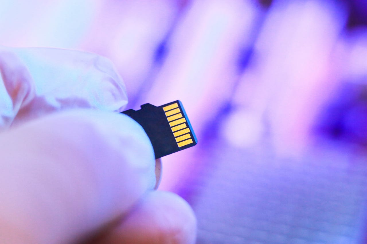 close-up of gloved hand holding microSD card
