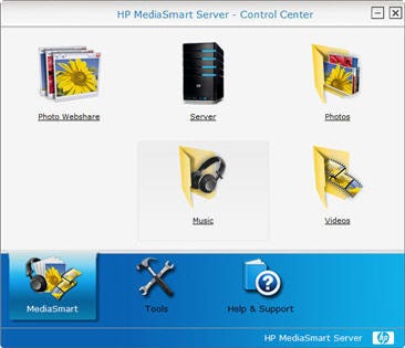 HP created a custom control center for its MediaSmart home server to simplify access for nontechnical users