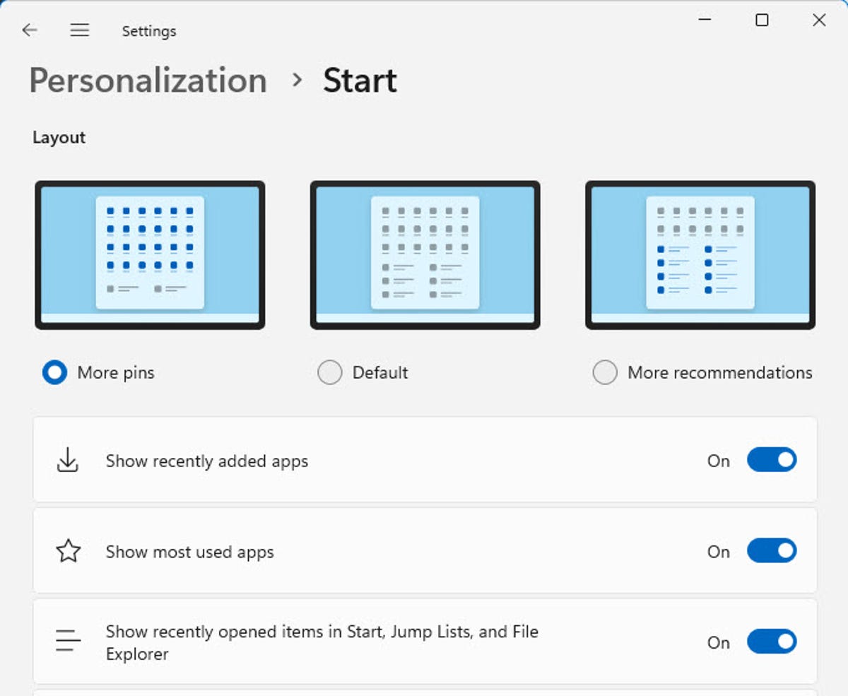 Windows 11 22H2 Start Menu layouts