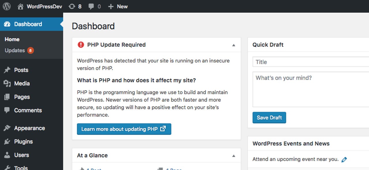 WordPress warning shown to users running an oudated PHP version