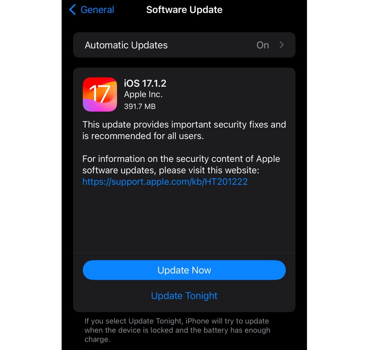 iOS 17.1.2 update for the iPhone