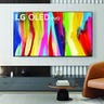 An LG C2 mounted on a wall in a mid-century modern living room