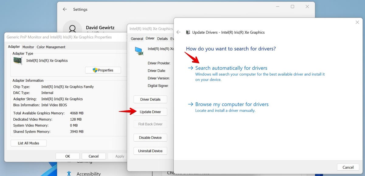 Red arrow pointing to Search automatically for drivers