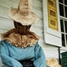 Close-up of the Spirit Halloween scarecrow animatronic on someone's porch. It is surrounded by fall decor
