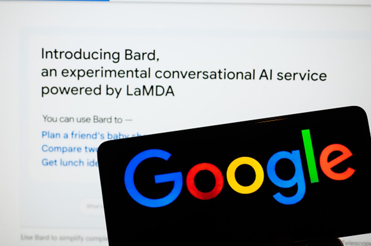 Google logo on a phone in front of a Google bard screen