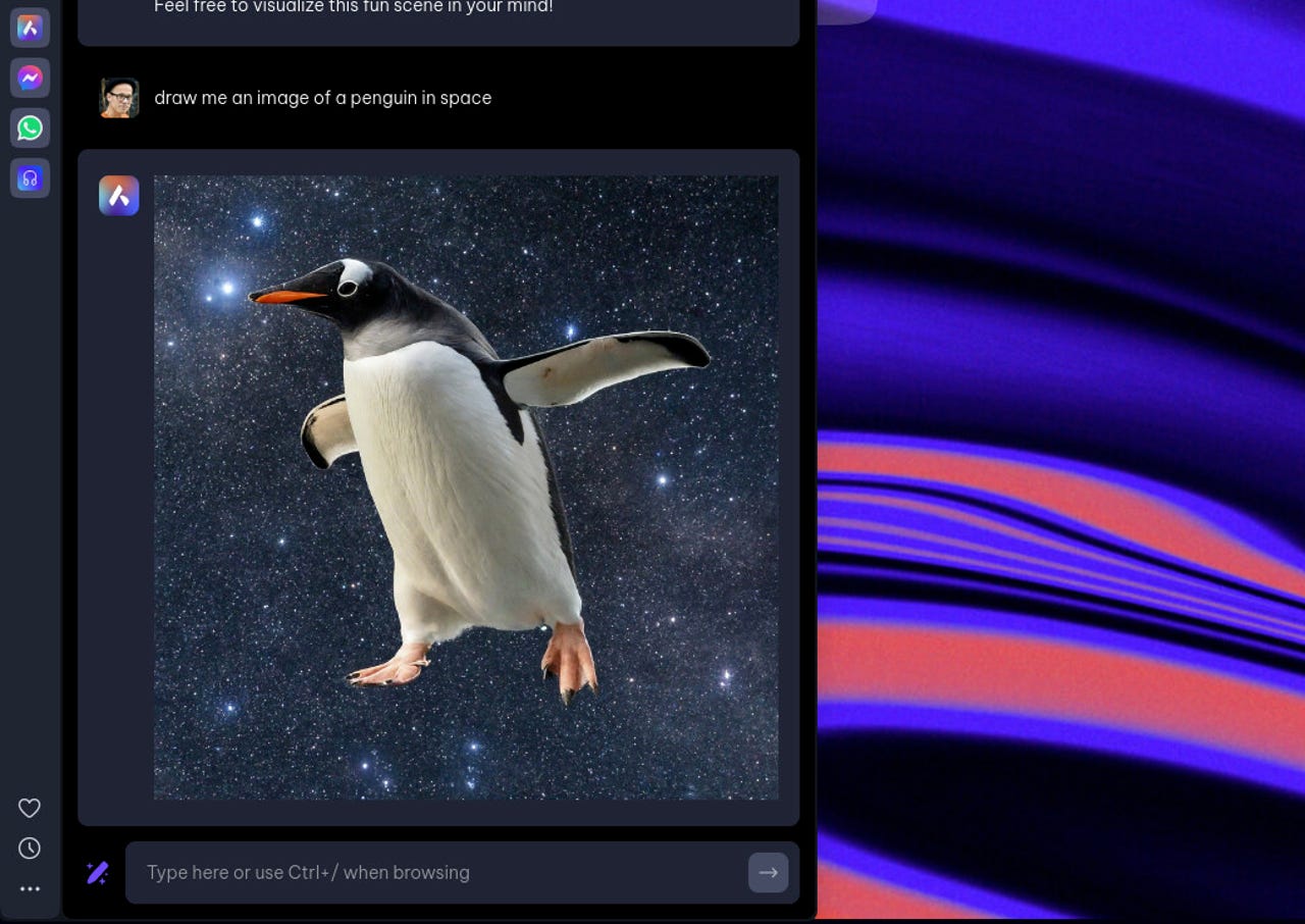 A picture of a penguin in space drawn by Opera's Aria AI.