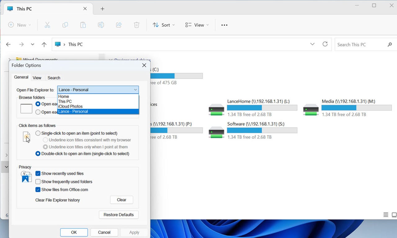 Changing the default location in File Explorer to your OneDrive storage