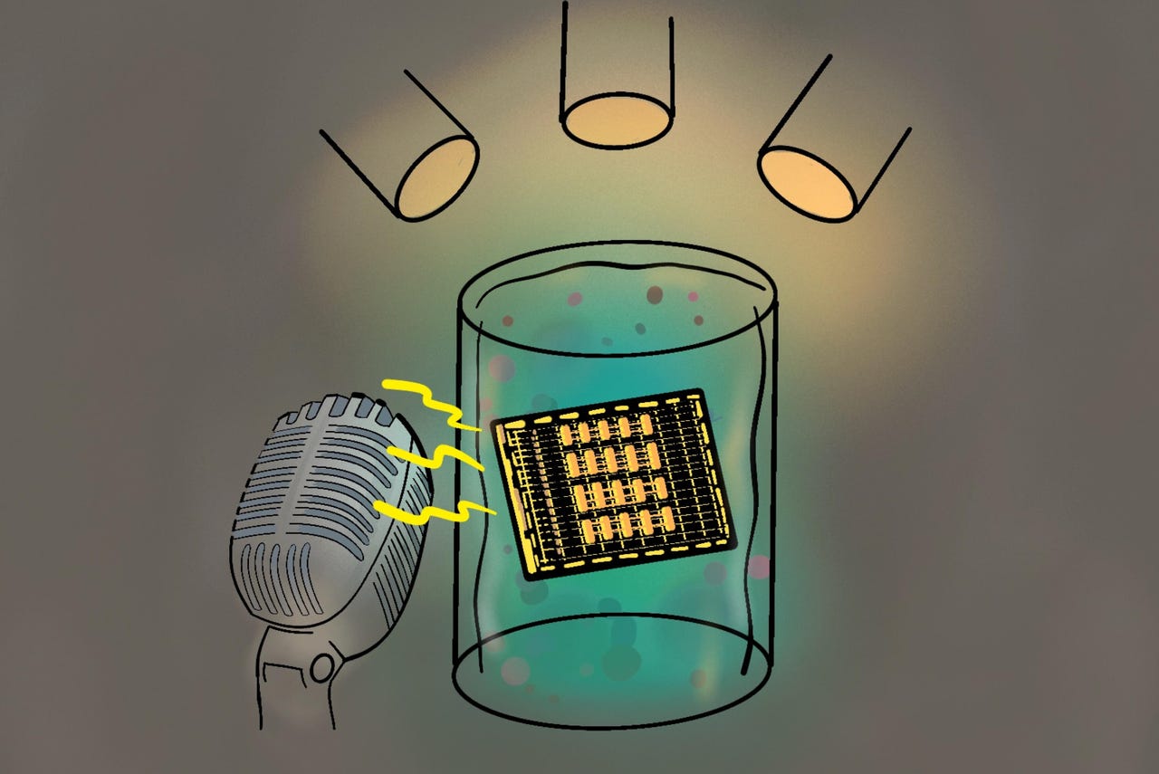 Illustration of a computer chip in a jar speaking into a microphone
