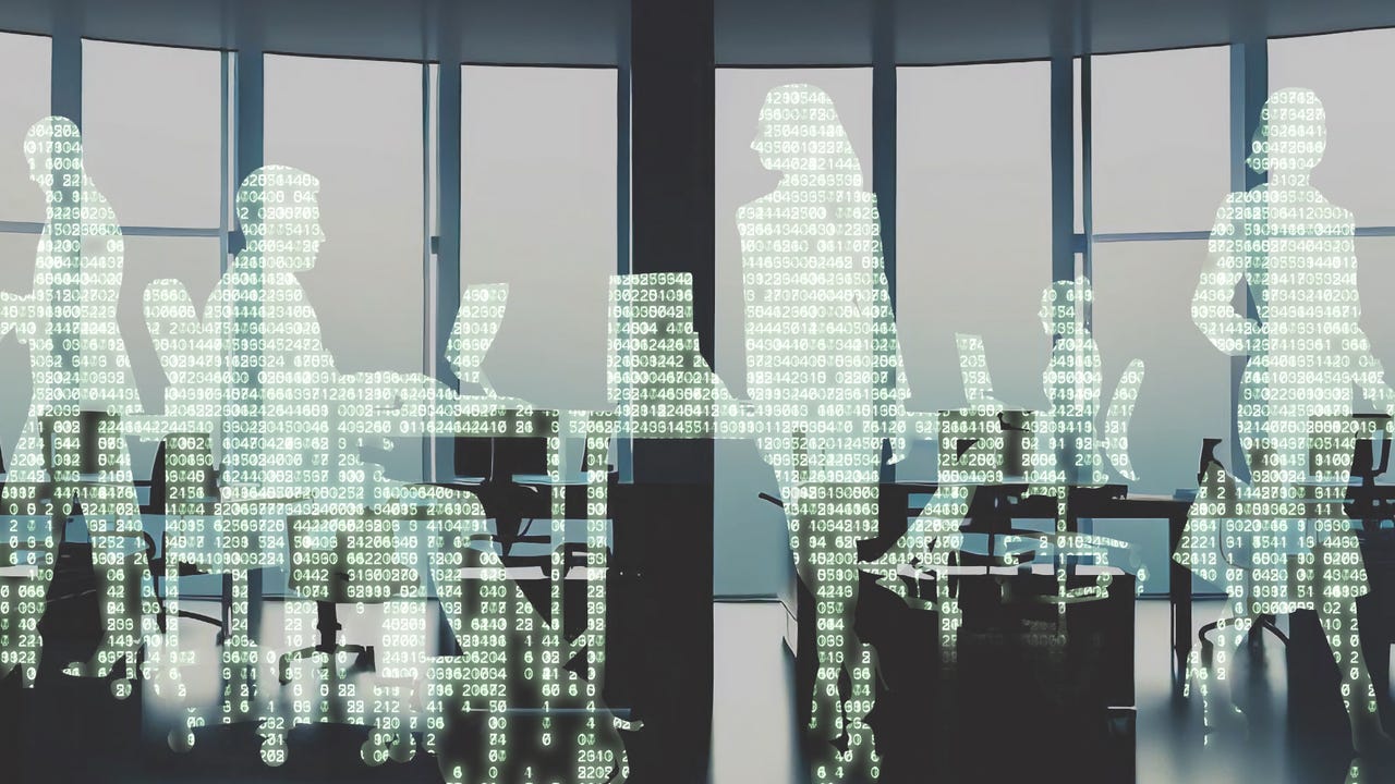 Hologramas de personas en una oficina.