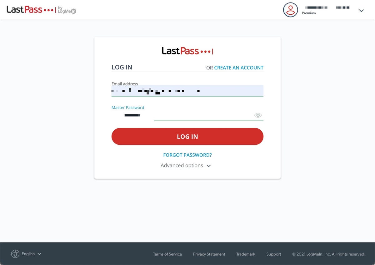 LastPass login screen