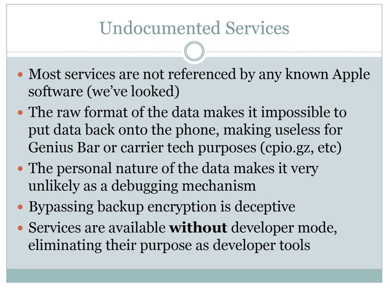 Jonathan Zdziarski's slide on Undocumented iOS Services – Jason O'Grady