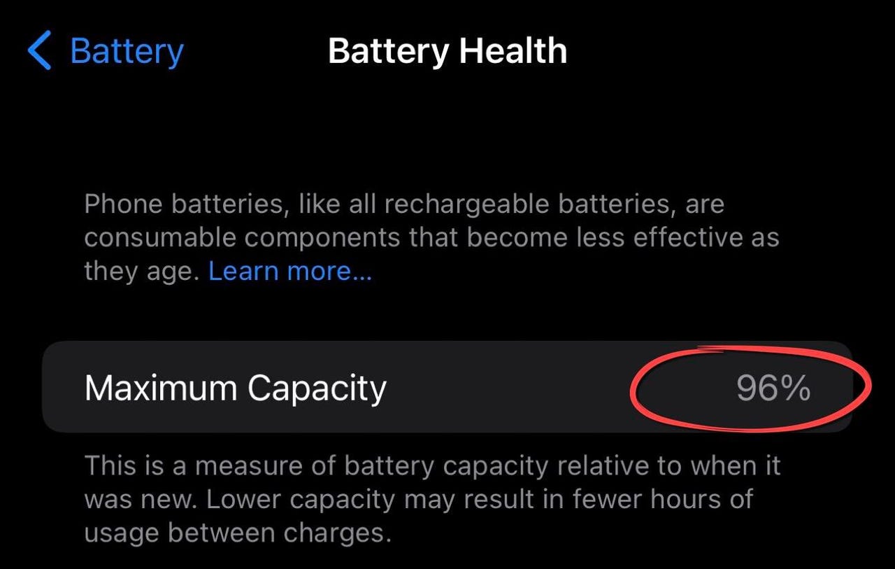 Battery Health page showing Maximum Capacity of 96%