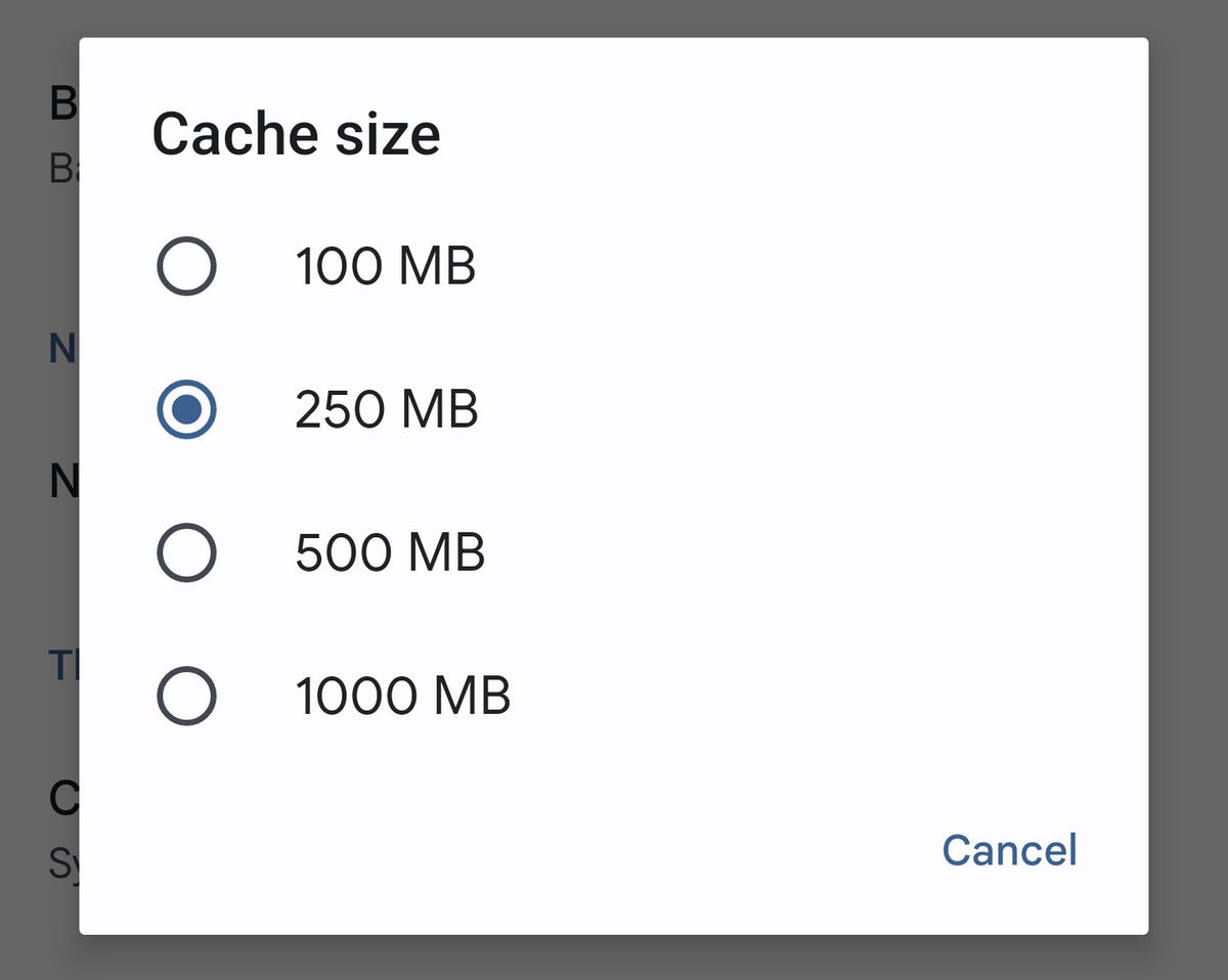 The Google Drive app Cache Size selector.