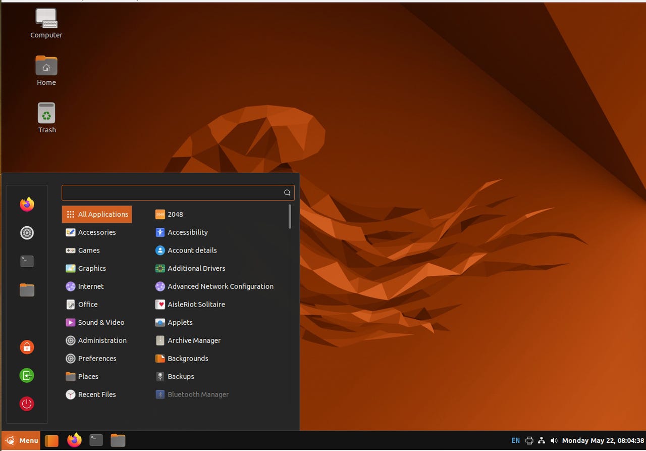 The Ubuntu Cinnamon desktop menu.