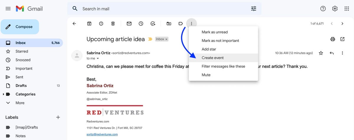 Captura de tela de um e-mail no Gmail