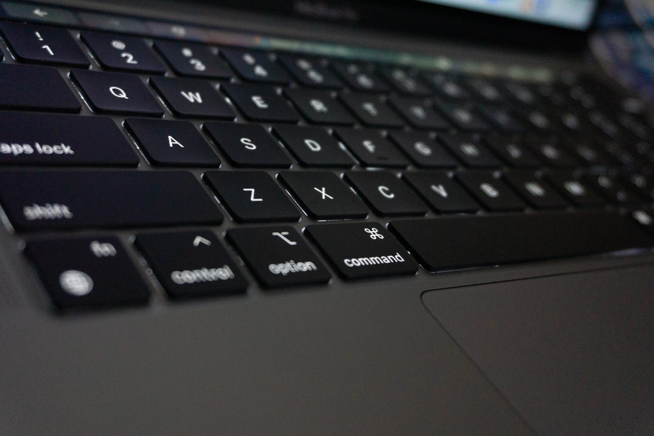 Macbook Pro M1 keyboard low angle closeup