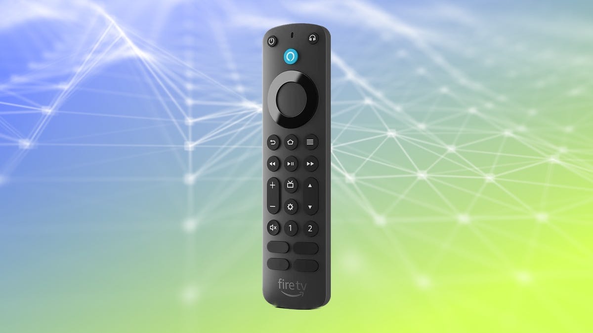 Alexa Voice Remote Pro در پس زمینه آبی و زرد-سبز