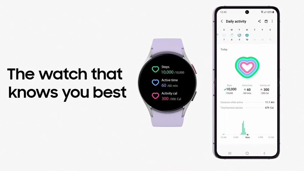 Galaxy Watch 5 next to Galaxy phone with title The watch that knows you best