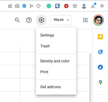 The Google Calendar settings popup menu.