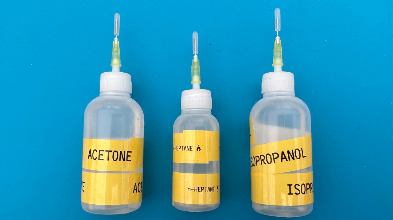 The three chemicals in question: Isopropyl alcohol (IPA), acetone, and n-heptane