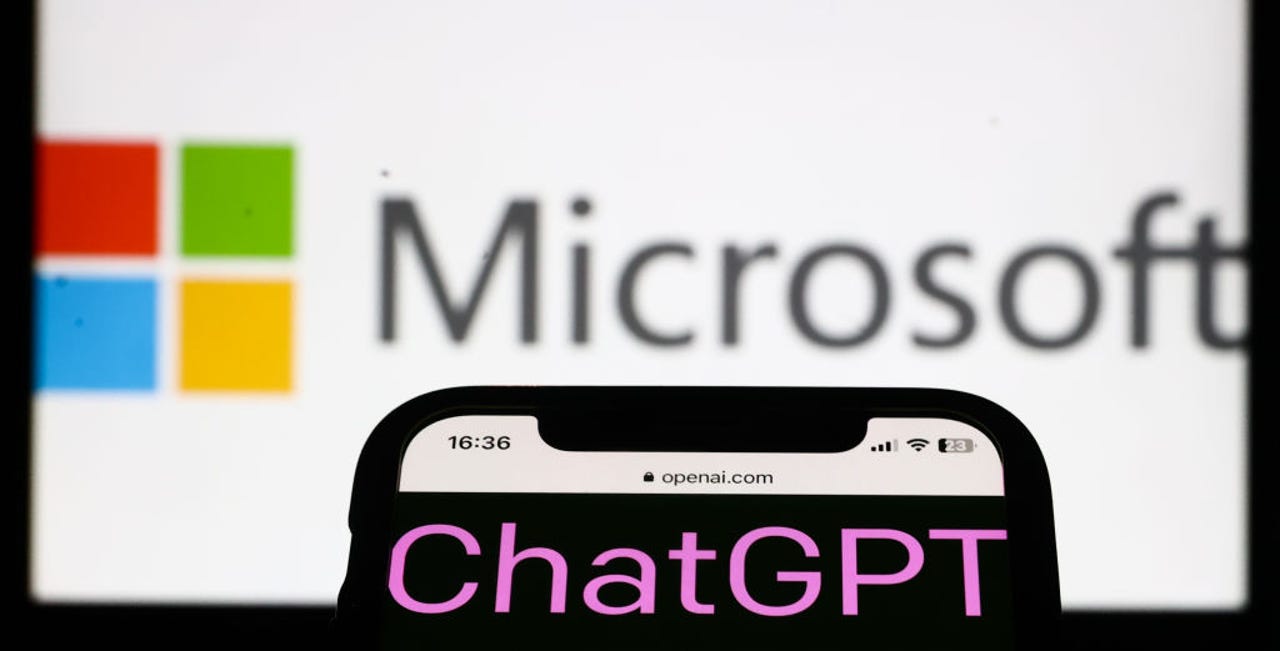 ChatGPT on phone with Microsoft logo in background