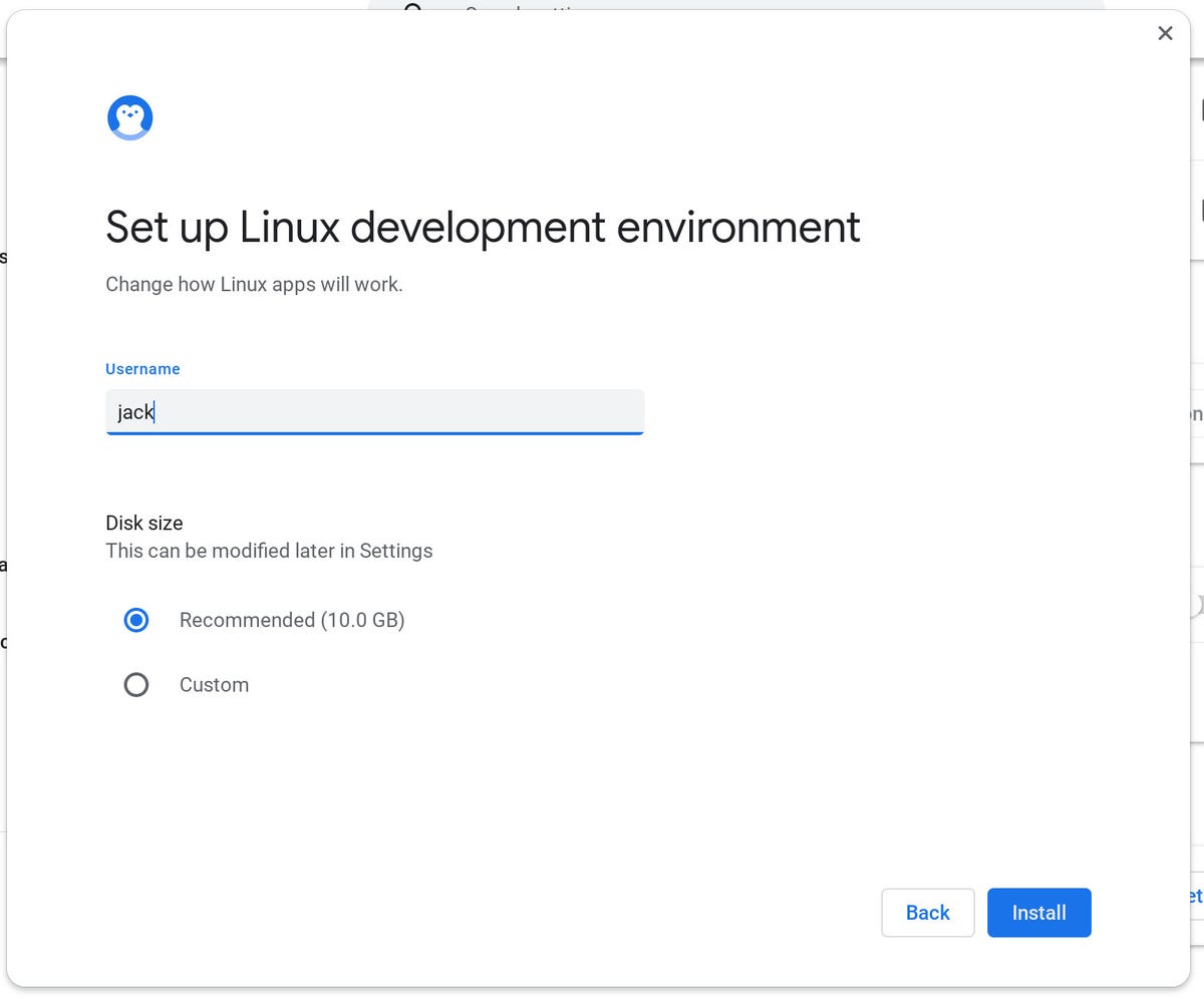 La fenêtre de configuration du nom d’utilisateur et de l’espace disque pour l’environnement de développement Linux sur Chrome OS.