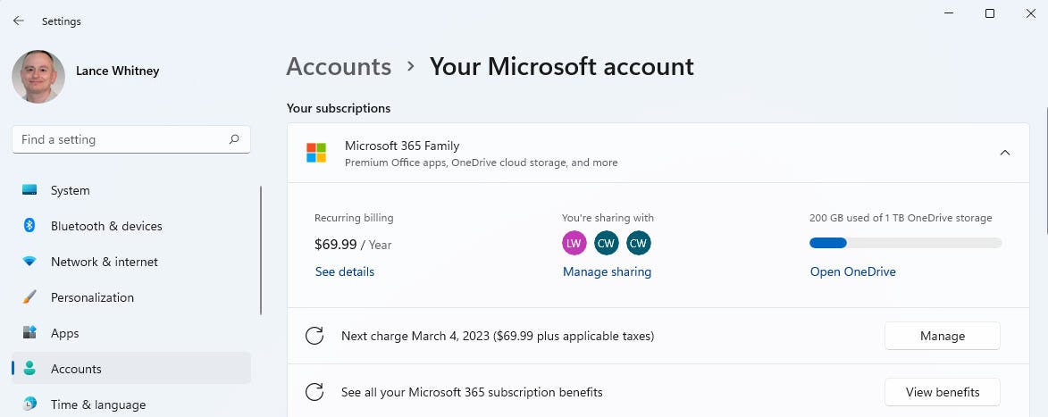 Microsoft 365 subscription information page