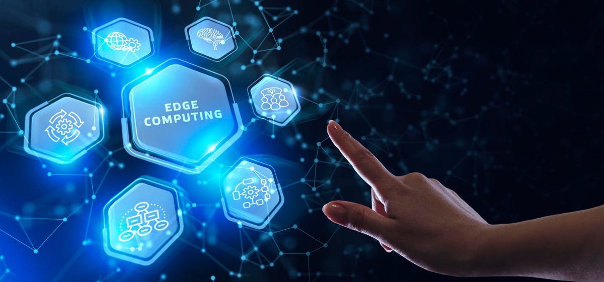 Edge computing modern IT technology on virtual screen. Business, technology, internet, and networking concept.