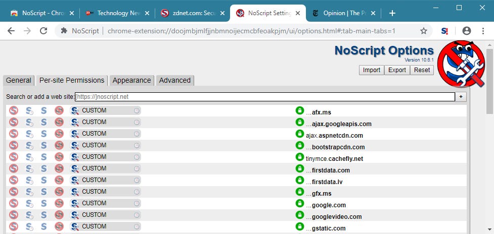 NoScript settings page
