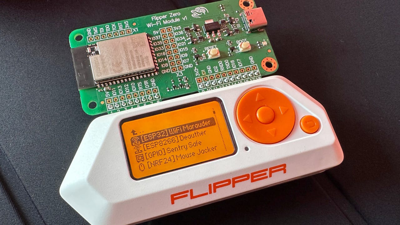 Flipper Zero running DarkFlipper and running Wi-Fi Marauder 