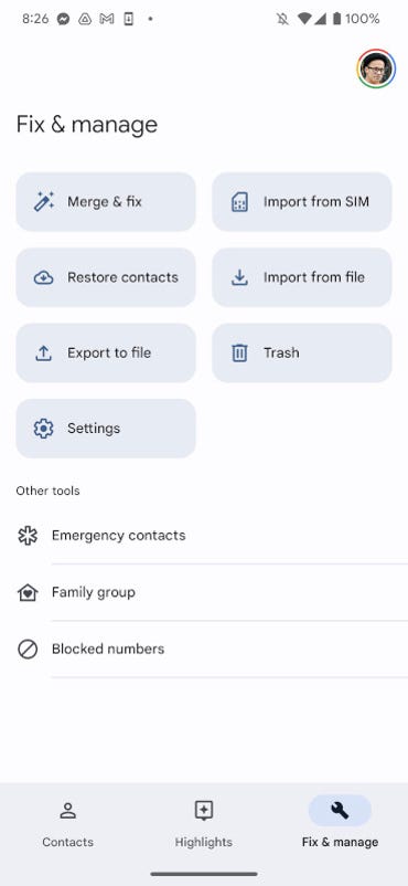 The Google Contacts Fix & manage screen.