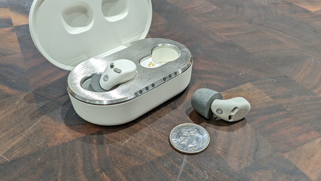 The QuiteOn earbuds and charging case.