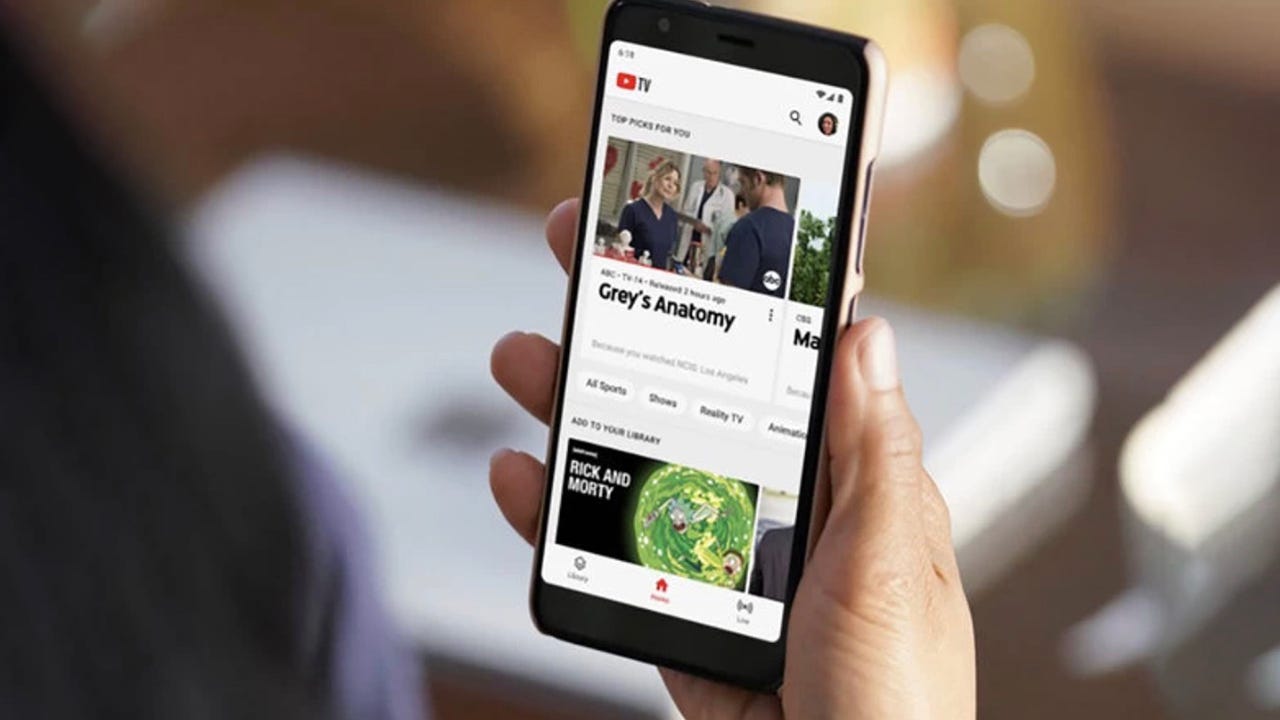 YouTube TV shown on a television, laptop, and phone.