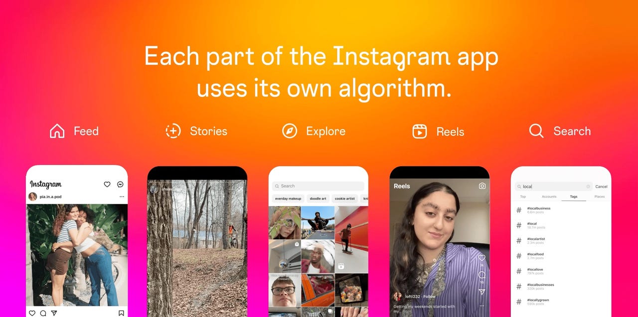 Instagram app with screenshots of different features