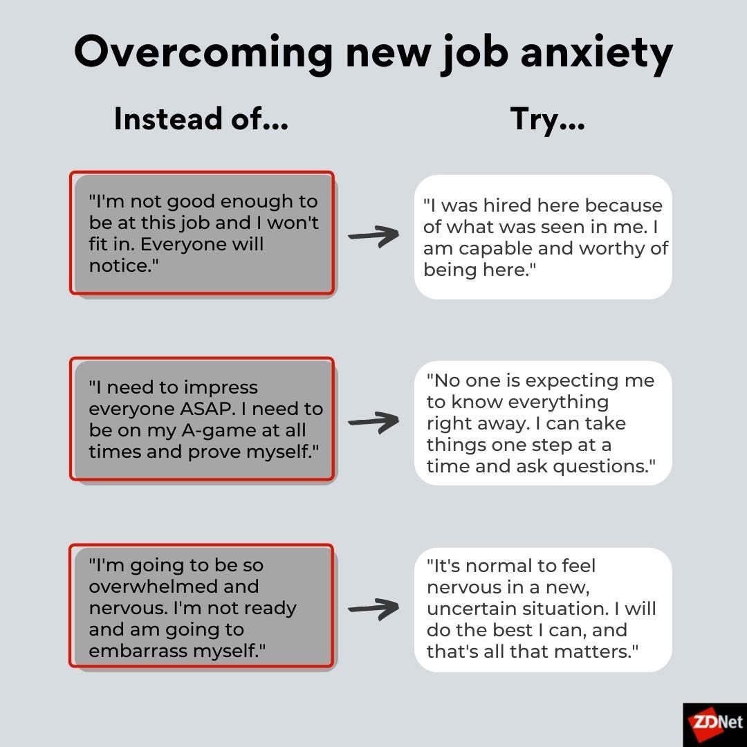 Tips for reframing thoughts to address anxiety. Instead of "I'm not good enough to be at this job and I won't fit in," try "I was hired here because of what was seen in me. I am capable and worthy of being here." Instead of "I need to impress everyone ASAP and prove myself," try "No one is expecting me to know everything right away. I can take things one step at a time and ask questions." Instead of "I'm going to be so overwhelmed and nervous. I'm not ready and am going to embarrass myself," try "It's normal to feel nervous in a new, uncertain situation. I will do the best I can, and that's all that matters."