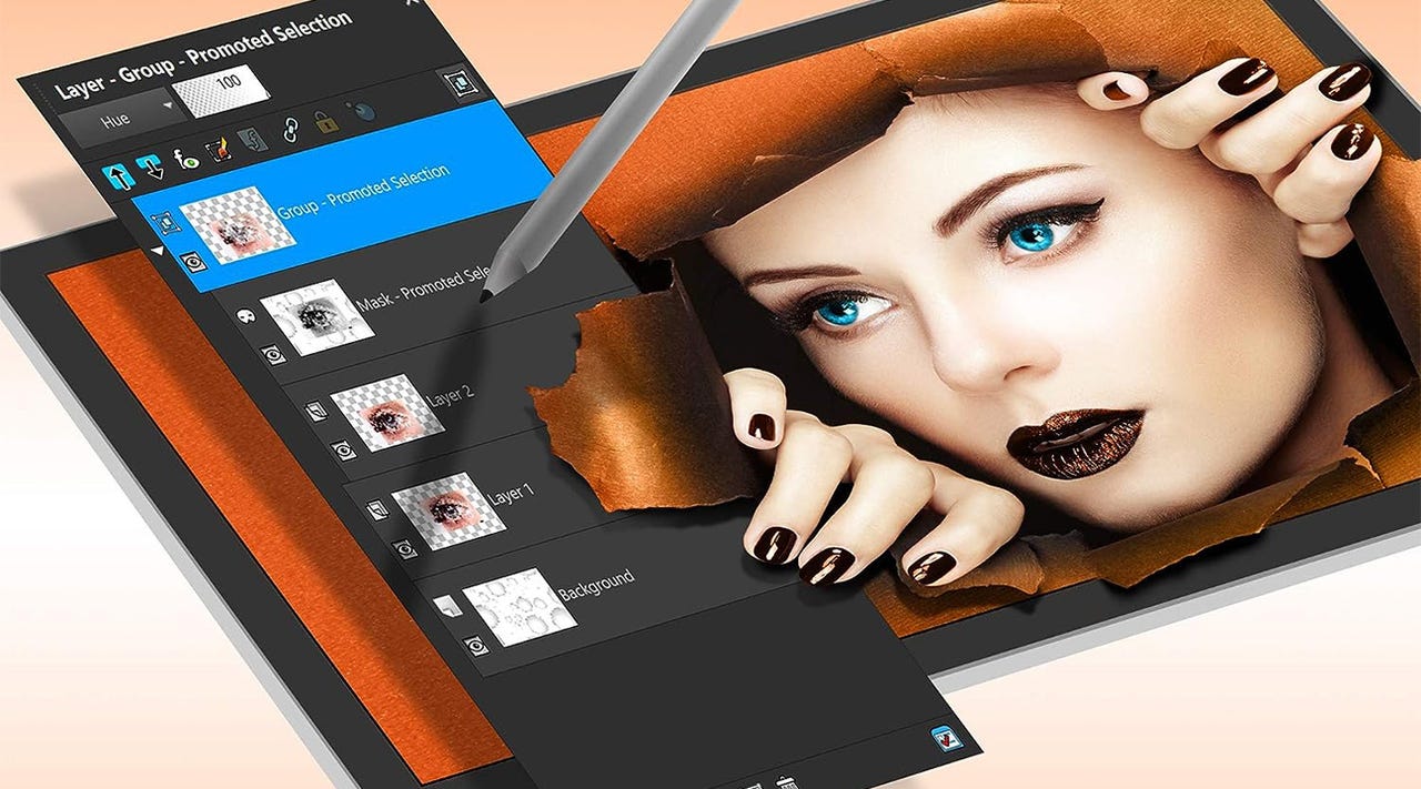 A composite image of Corel PaintPro 2021 layer menus and an image of a woman bursting through the screen