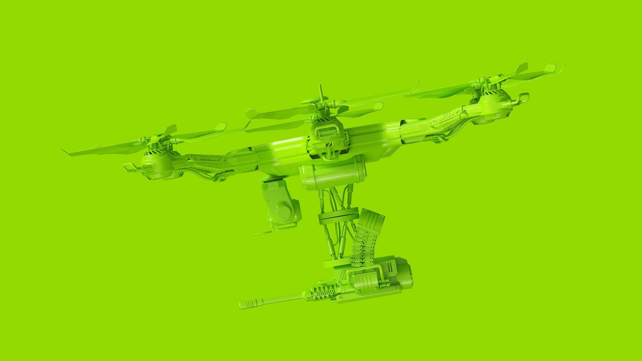 Large Lime Green Unmanned Aerial Vehicle Drone with a Machine Gun