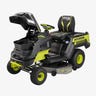 A Ryobi 80V electric mower on a grey background. The hood is up to show front storage compartment.