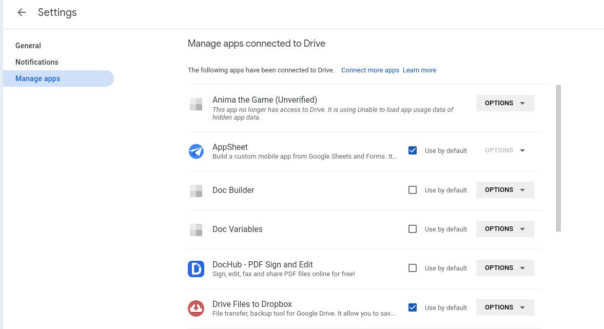 Google Drive connected apps.