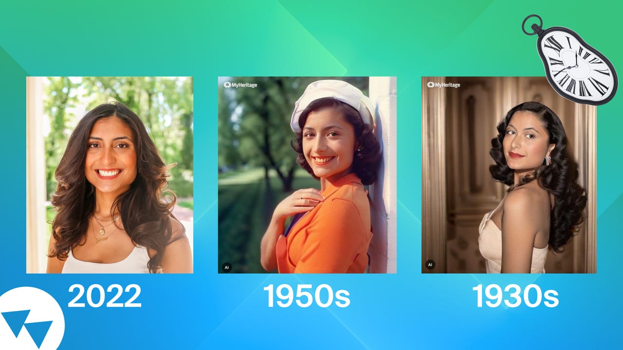 Photo renderings of a woman throughout different decades using AI Time Machine
