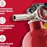 Close-up of a First Alert fire extinguisher nozzle on a red and yellow background