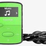Lime green SanDisk mp3 player with black earbuds next to it