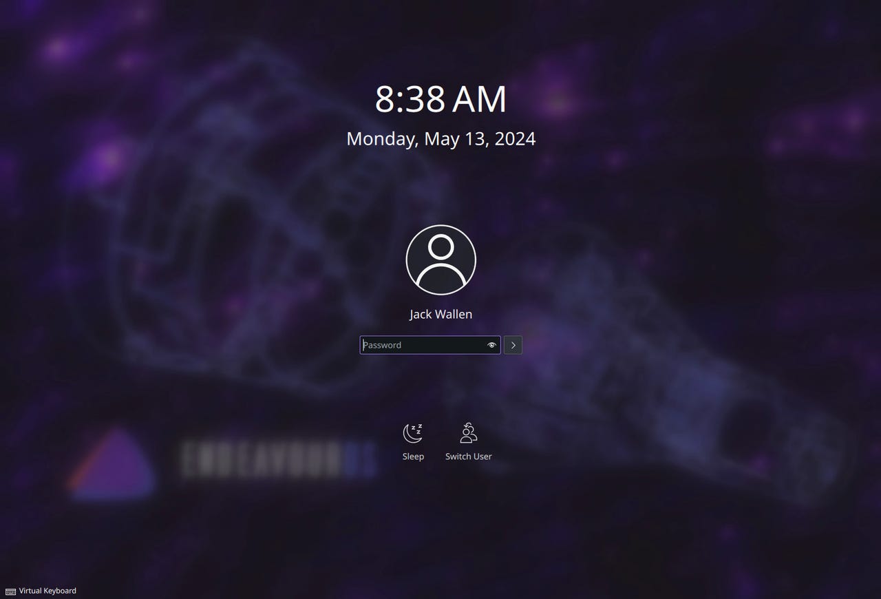 The EndeavorOS Gemini login screen.