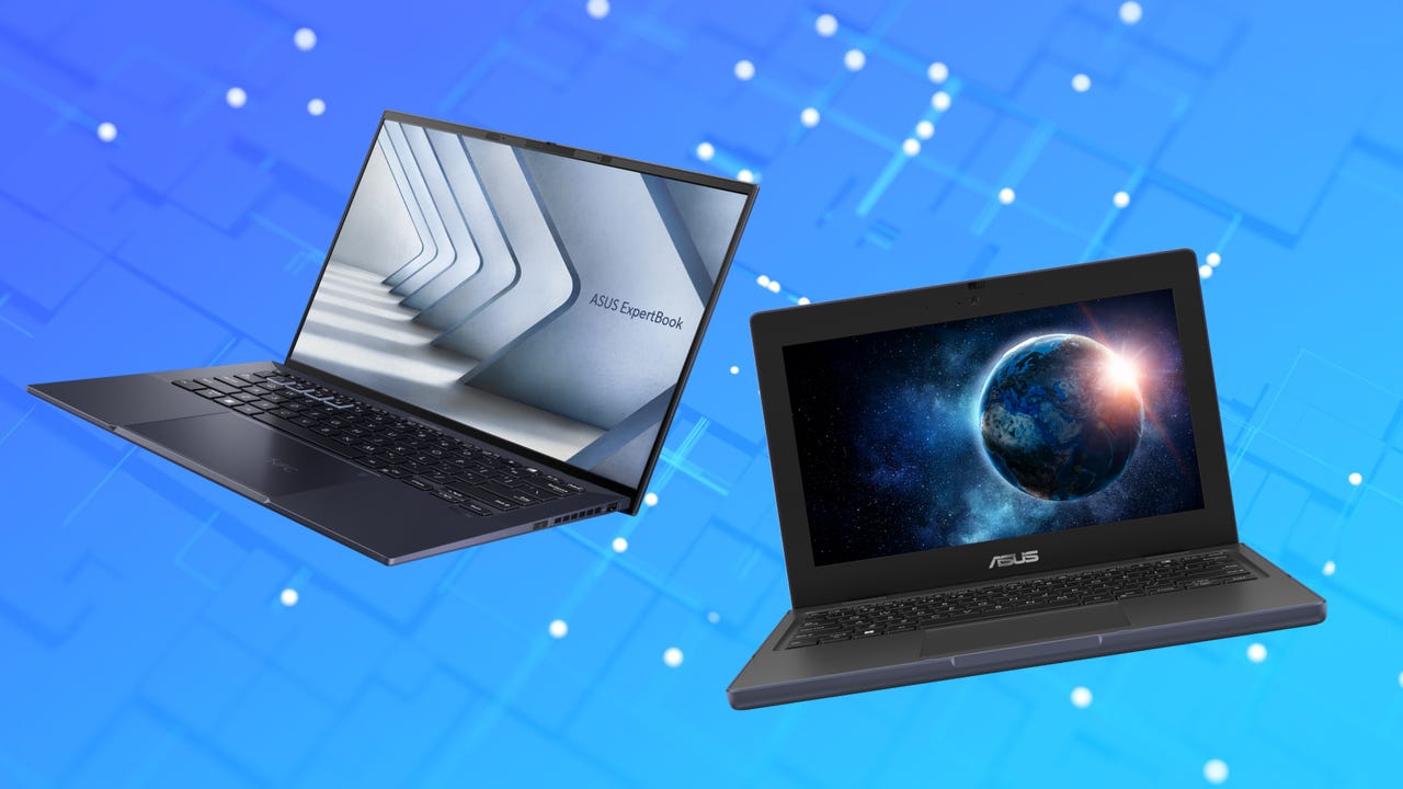 Two new Asus laptops on a blue background