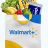 A white Walmart+ bag full of groceries at the top of it