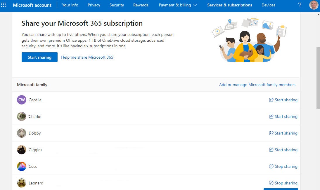 Share your Microsoft 365 subscription page