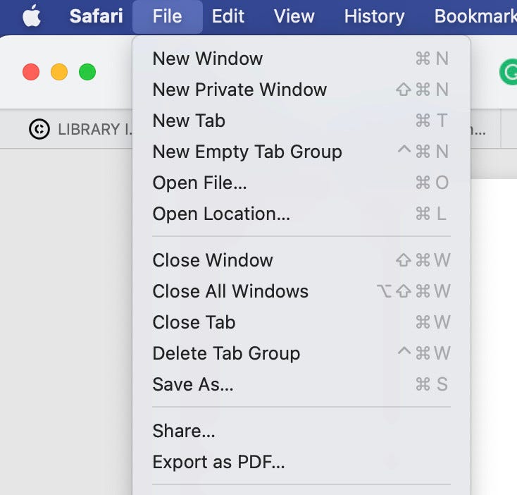 The Safari File menu.