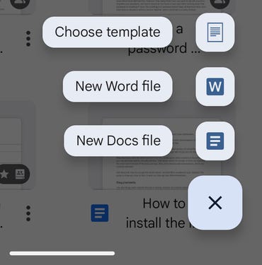The Google Docs create file menu.